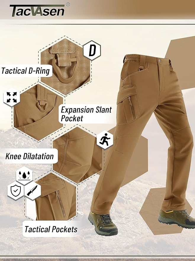 TACVASEN Men's Winter Pants 9 Pockets Fleece Snow Hiking Pants Water-Resistant Warm Softshell Thick Tactical Pants