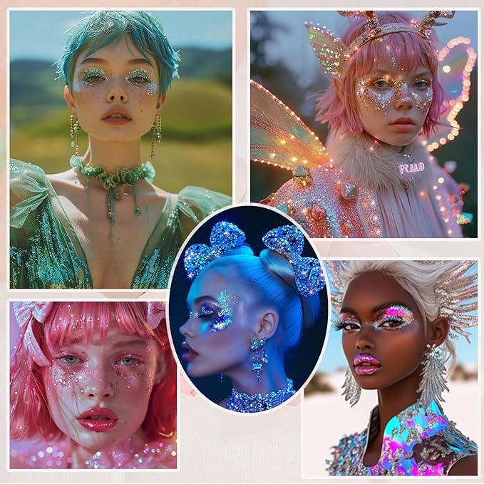 Face Body Glitter, Hair Glitter Sparkles Chunky Face Glitter Gel for Girls Makeup Singer Concerts Mermaid Festival Sequins, 10 Colors(White+Silver+Gold+Pink+Blue+Purple+Red+Light Blue+Green+Rose)