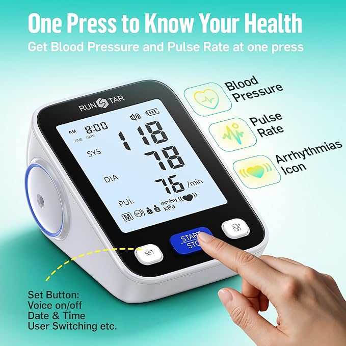 Runstar Upper Arm Blood Pressure Monitor with Wide Range Cuff (8.7'' -16.5'') for Home Use FSA/HSA Eligible, Automatic Digital BP Machine with Storage Bag, 2x99 Reading Memory