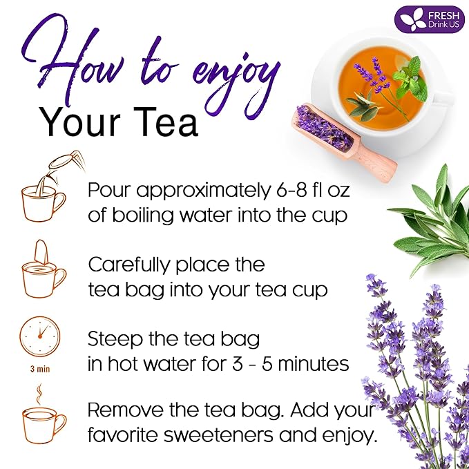 FreshDrinkUS, Premium 35 Tea Bags Lavender Mint Tea, 100% Natural, Blend of Lavender, Peppermint, Sage and Licorice. Made with Natural Material Tea Bags. No Sugar, No Caffeine, Vegan.