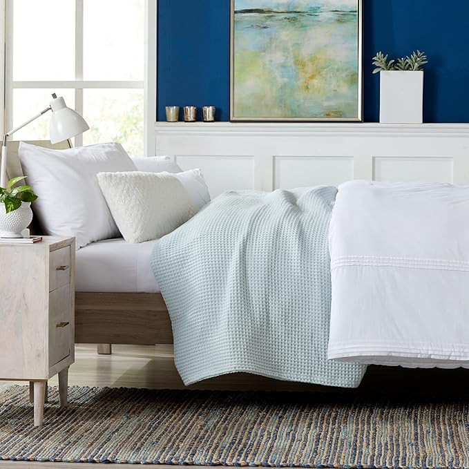 100% Cotton Waffle Weave Bed Blanket | Soft, Breathable, and Lightweight Blanket for All-Season | Perfect for Layering | Brielle Collection (King, ICY Blue)