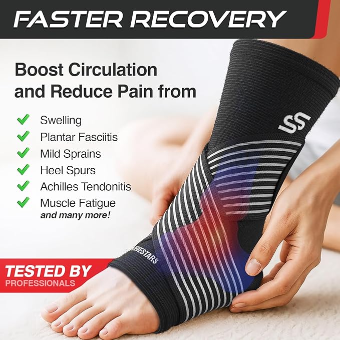 Sleeve Stars Ankle Brace for Women & Men, Ankle Wrap for Sprained Ankle, Compression Sleeve for Plantar Fasciitis Relief, Easy Customizable Support: w/Removable Strap (Single/S:9"-10"/Black)