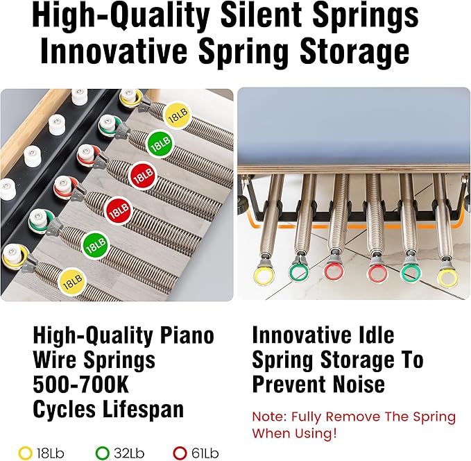 Foldable Wooden Pilates Reformer Machine with Ultra-Fiber Leather Seat, Oak Frame, Adjustable Resistance, Full-Size for Heights 4’ to 5’9”, Home and Studio Use, 480lbs Capacity