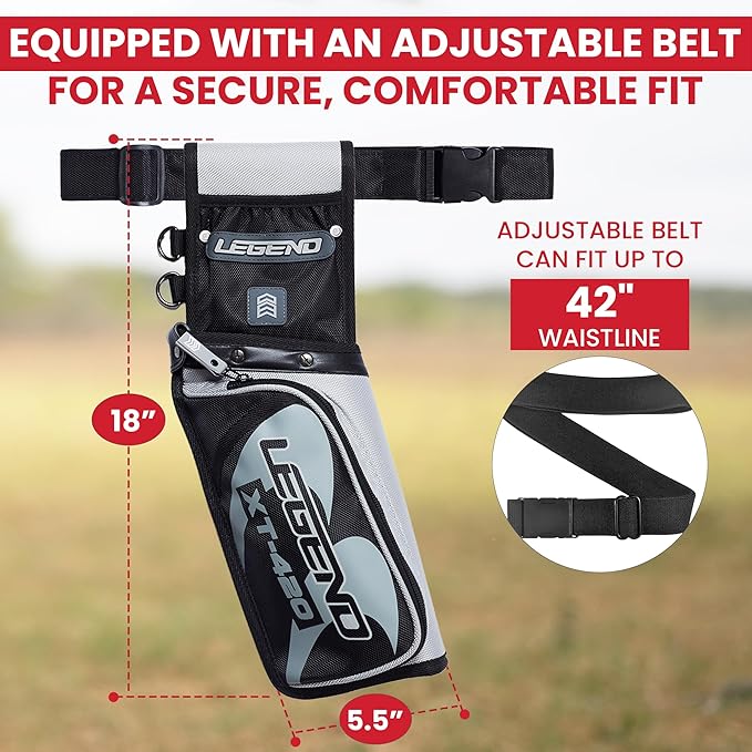 Legend XT420 Field Quiver - Left or Right-Handed Quiver Arrow Holder, Archery Quiver with 3 Arrow Tube, Durable Nylon Hip Quivers with Multiple Pockets for Archery Accessories, Score Card & Tools