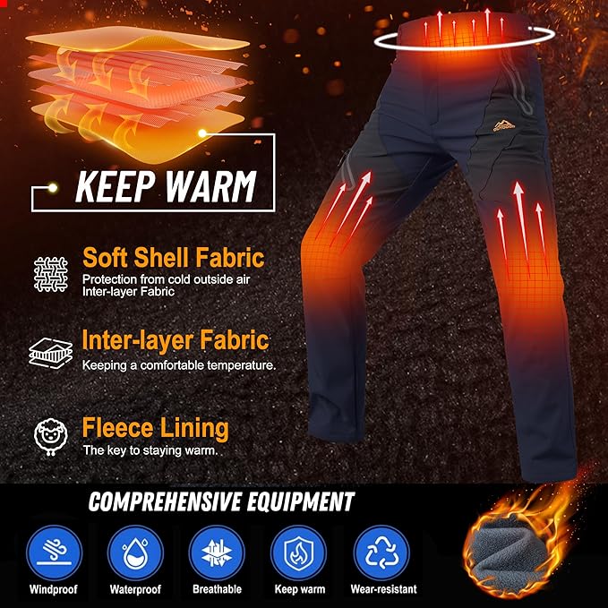 TACVASEN Men's Skiing Snow Pants Fleece Lined Waterproof Winter Insulated Hiking Pant for Outdoor Work Hunting Cargo