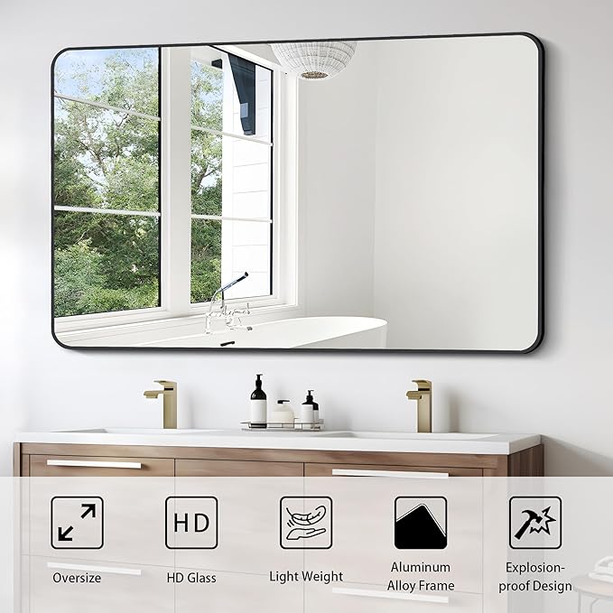FORBATH Large Bathroom Mirror 36 x 55 Inches,Black Large Wall Mirror Aluminum Frame Wall Mounted Rounded Corner Morndern Mirror for Bathroom Bedroom Entryway Living Room