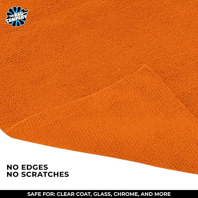 The Rag Company - Edgeless 365 Microfiber Towels (10-Pack) Premium 70/30 Blend, Professional Polishing, Wax Removal, Auto Detailing, 365gsm, 16in x 16in, Orange