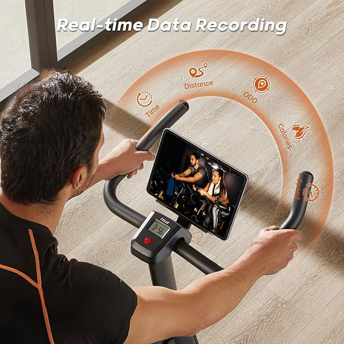 Exercise Bike, Magnetic Resistance/Brake Pad Stationary Bike with Exclusive App, 300lb Weight Capacity Indoor Bike with Soft Seat Cushion, Silent Belt Drive, Heavy Flywheel and LCD Monitor