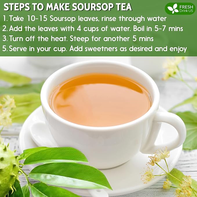 FreshDrinkUS, Premium 275+ Soursop Graviola Whole Dried Leaves Tea, 275-300 Soursop Graviola Guanabana Whole Leaves, Wildcrafted, Hoja Guanabana Loose Leaf Herbal Tea, No Gluten, Vegan