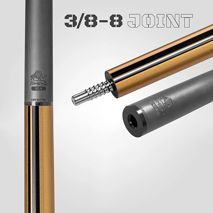 RHINO Nebula 2 Pool Cue - 100% Carbon Fiber Shaft & Composite Butt. Time Crystal Tip, Pro Taper Design, 12.4 mm,12.8 mm. 3/8-8 Joint, 3D Friction Grip. Low Deflection Pool Cue