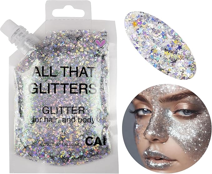 Hair Glitter Gel – Body Glitter for Kids and Women – Iridescent Cosmetic-Grade Gel w/Moon & Stars for Hair, Body & Face, Applies Smoothly w/o Glue & Washes Off Easily, 3 Oz - Purple/Silver 2Pack