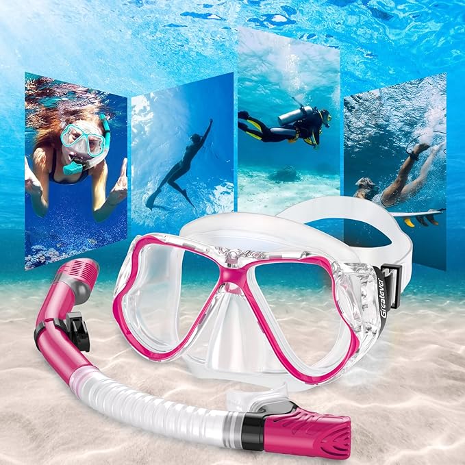 Greatever Dry Snorkel Set,Panoramic Wide View,Anti-Fog Scuba Diving Mask,Professional Snorkeling Gear