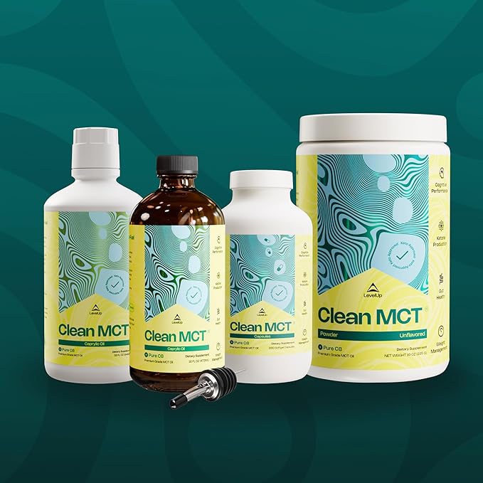 LevelUp Clean MCT Oil - 100% Caprylic C8 for Energy, Focus, Weight Management, Gut Health, Brain Superfuel - Keto Supplement for Ketogenic Coffee and Ketones - Non-GMO (16 oz Glass Bottle)