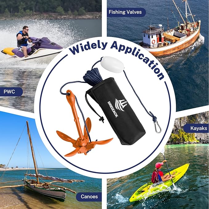 Dreizack Kayak Anchor Kit, 3.5 lb Folding Grapnel Boat Anchor Trolley Accessories with 40ft Rope and PVC Buoy for Fishing Kayaks SUP Paddle Boards Canoes Jet Ski PWC Inflatable Small Boats