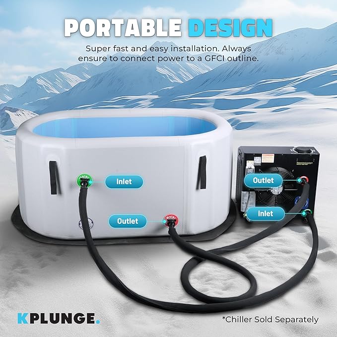 Kodiak 59" 1-Person Inflatable Cold Plunge Ice Bath Tub or Hot Tub with PVC Insulated Lid, Hand Pump, Repair Kit, 110-Gallon Capacity – Chiller Compatible Indoor/Outdoor Tub – Gray