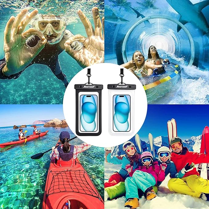 Hiearcool Universal Waterproof Phone Pouch,Underwater Dry Bag for iPhone 17 16 15 14 13 Pro Max XS Plus up to 8.3",IPX8 Cell Phone Case for Cruise Travel Essentials-Black&Clear-2Pack