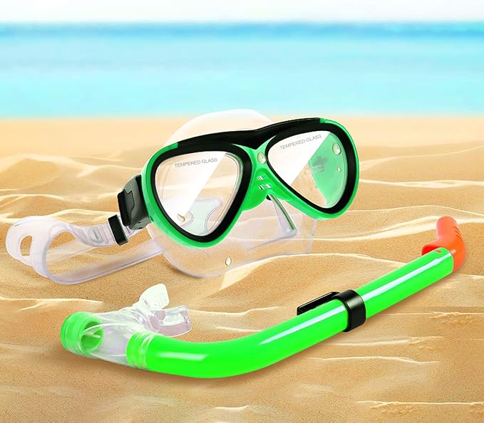 GreenLF Kids Snorkel Set, Anti-Fog Snorkeling Mask with Nose Covers for Youth Junior Child, Boys & Girls Age 5-12, Semi-Dry Diving Scuba Swimming Goggles Gear Packages