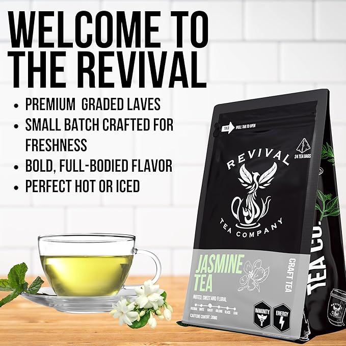 Revival Tea Company Jasmine Tea - Green Tea Blend with Jasmine Petals - 24 Tea Bags