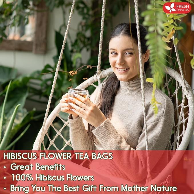 FRESHDRINKUS 115 Hibiscus Flowers Tea Bags, 100 Percent Natural, Pure from Hibiscus Flowers. Loose Flower Hibiscus Herbal Tea. Hibiscus Flower Tea. No Sugar, No Caffeine, No Gluten, Vegan.