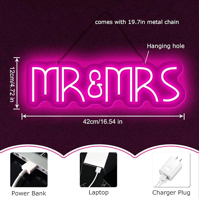 Mr&Mrs Neon Sign 1-10 Levels Dimmable USB Neon Lights for Wall Bedroom Dorm Wedding Party bar Decoration Bedroom Neon Signs for Wall Decoration Valentine's Day Gift 5V (Pink)