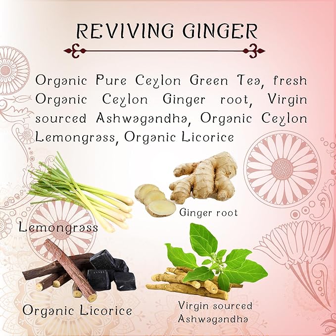 Tรฉrapy Ceylon GINGER & HONEY Tea | Organic Herbal Tea Bags | 100% Natural Ayurvedic Ingredients Including Organic Ginger, Wild Beeโs Honey, Ashwagandha & Lemongrass | 20 Individually Wrapped Tea Bags