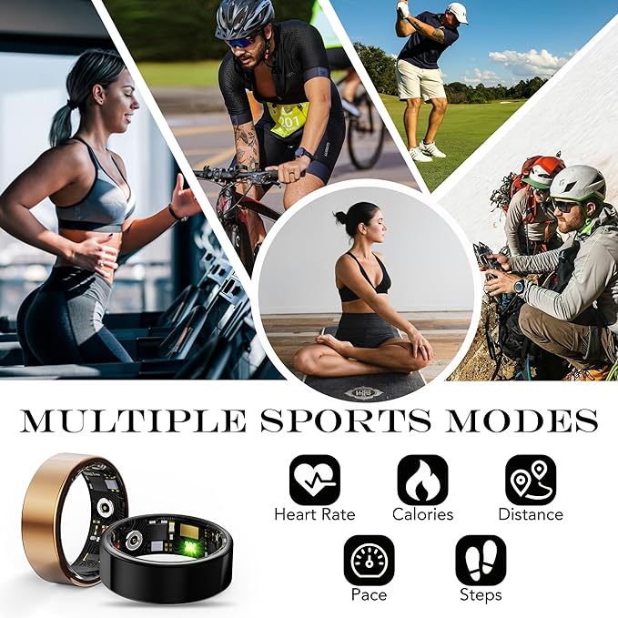 Smart Health Ring for Women Men Fitness Tracker with Heart Rate, Blood Oxygen, Blood Pressure, Sleep Monitoring, Step Counting, IP68 Waterproof for iPhone and Android, No APP Fee, Black 8#