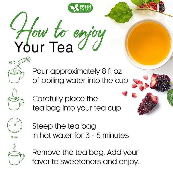 FreshDrinkUS Premium 120 Mulberry Leaf Tea Bags, 100% Natural & Pure. Loose Leaf Herbal Tea. Made with Natural Material Tea Bags. No Sugar, No Caffeine, No Gluten, Vegan