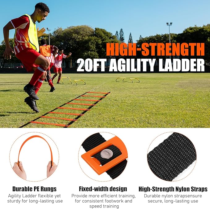 Agility Speed Training Equipment Set - 20ft Speed Ladder, 12 Cones, 4 Adjustable Hurdles, Jump Rope, Parachute | Ideal for Basketball, Football, Soccer, for Kids, Youth, Adults