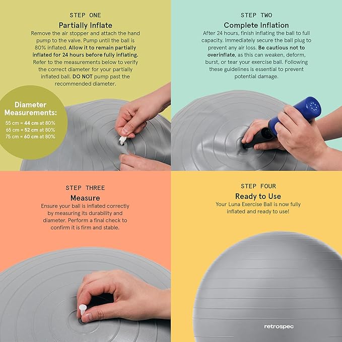 Retrospec Luna Exercise Ball, Base & Pump/Ball & Pump with Anti-Burst Material - Fitness Gym Swiss Ball - Perfect for Balance, Stability, Yoga, Pilates, Pregnancy & Birthing
