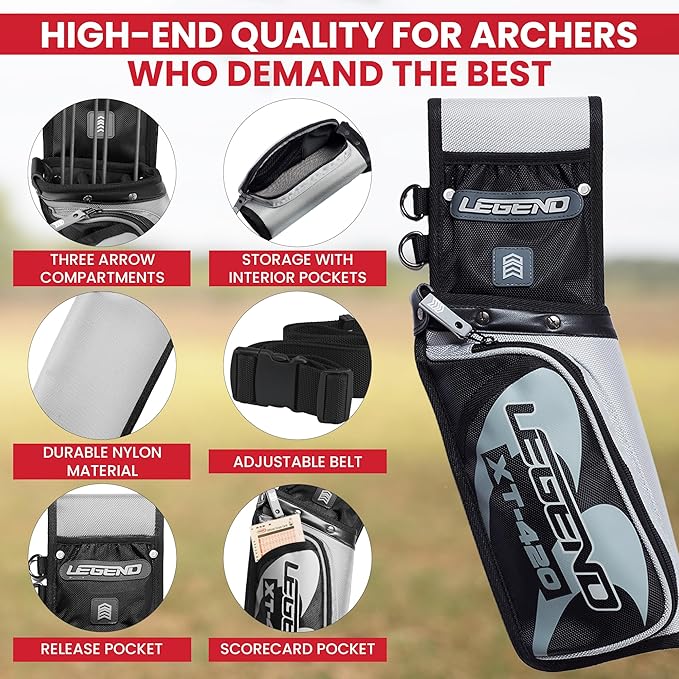 Legend XT420 Field Quiver - Left or Right-Handed Quiver Arrow Holder, Archery Quiver with 3 Arrow Tube, Durable Nylon Hip Quivers with Multiple Pockets for Archery Accessories, Score Card & Tools
