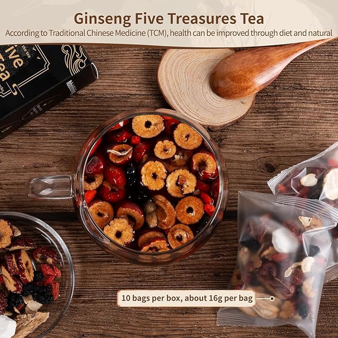 Ginseng Five Treasures Kidney Tea - Traditional Chinese Herbal, Natural Organic Cleanse Detox Tea for Women & Men, 7 Precious Ingredients Formula (2 Pack/50 Bags)