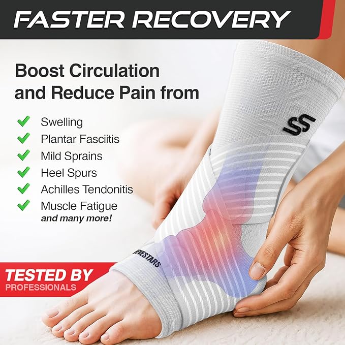 Sleeve Stars Ankle Brace for Women & Men, Ankle Wrap for Sprained Ankle, Compression Sleeve for Plantar Fasciitis Relief, Easy Customizable Support: w/Removable Strap (Single/S:9"-10"/White)