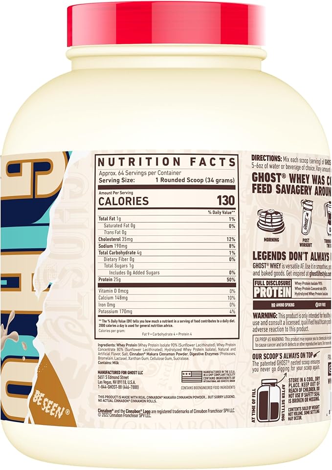 GHOST Whey Protein Powder, Cinnabon - 5LB, 25G of Protein - Cinnamon Roll Flavored Isolate, Concentrate & Hydrolyzed Whey Protein Blend - Post Workout Shakes - Soy & Gluten Free