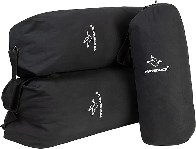 WHITEDUCK Top Load Canvas Folding Duffel Bag, Water Resistant Army Style Shoulder Bag for Men and Women- Gym, Sports, Travel, Hiking, Camping, Backpacking (Large 25" x 42",Black)
