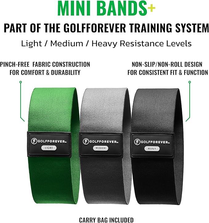 GolfForever Mini Bands Proven by Golfer Scottie Scheffler | Golf Training Premium Fitness Bands | Premium Golf Training Aid to Improve Strength Flexibility & Swing Posture | 3 Resistance Levels | 3pcs