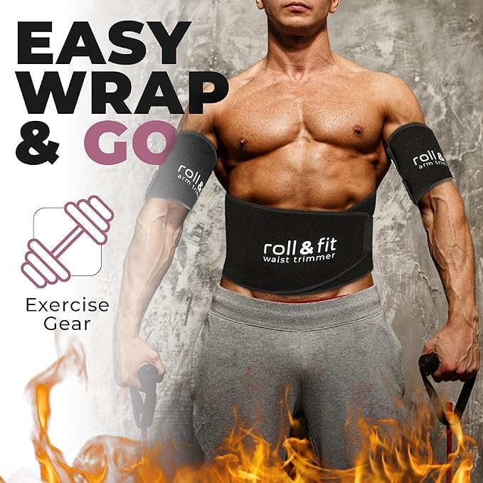 Roll & Fit Waist and Arm Trimmer for Women and Men – Back Support, Lightweight Sauna Sweat Belt and Arm Bands for Fat Burn