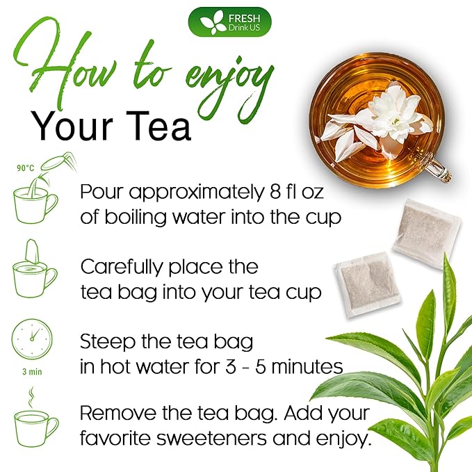 FreshDrinkUS, Premium 55 Jasmine Green Tea Bags, 100% Natural & Pure from Jasmine Green Tea. Jasmine Green Herbal Tea. Made with Natural Material Tea Bags. No Sugar, No Gluten, Vegan.