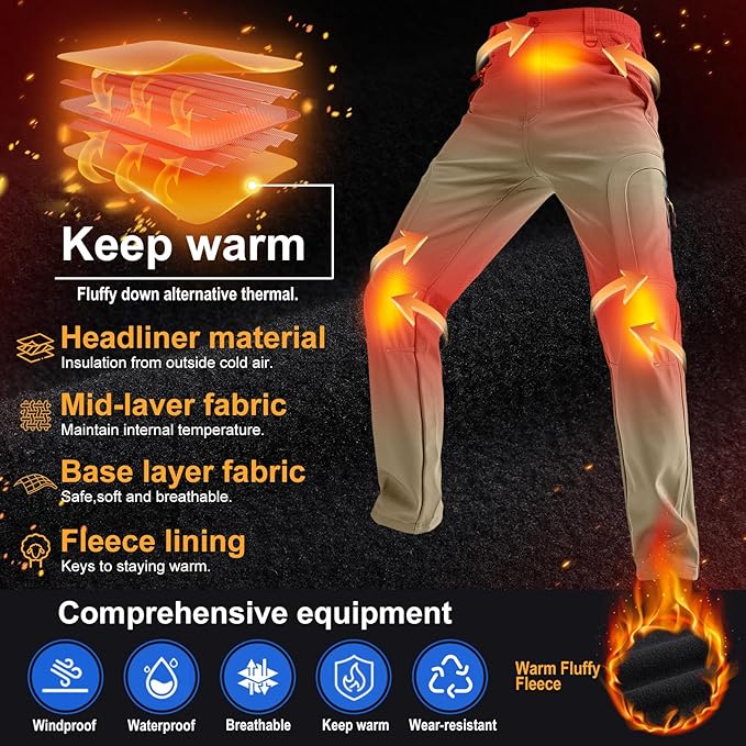 Toomett Men's hiking Snow Pants Skiing Winter Insulated Fleece lined Outdoor Water Repellent camping,walking,fishing
