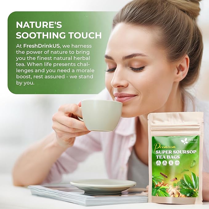 FreshDrinkUS, Super Soursop Herbal Tea β 40 Tea Bags | Soursop, Ginger, Turmeric, Lemongrass, Cinnamon, Black Pepper & Peppermint | Caffeine-Free, Natural Flavor, Plant-Based Blend | Sugar-Free