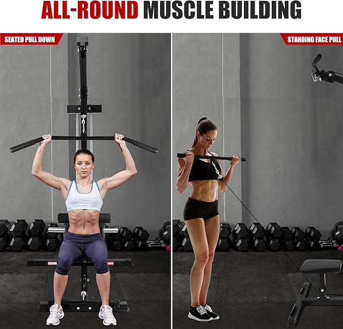 LAT All-in-one Machine with High and Low Pulley Station, LAT PullDown and LAT Row Cable Machine, LAT Tower with Adjustable Leg Support for Home Gym Total Body Training