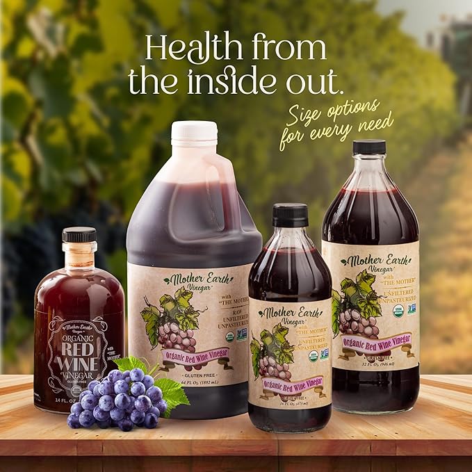 Mother Earth, Organic Red Wine Vinegar with The Mother, Fresh Pressed Organic Cabernet Grapes, ORWV, RWV, Raw, Unpasteurized, Unfiltered (1/64oz)