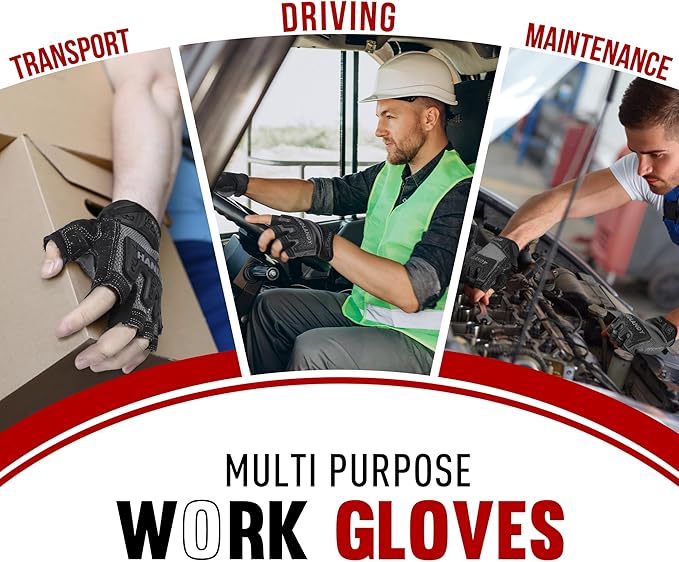 HANDLANDY Fingerless Work Gloves for Men, Padded Half Finger Tactical Mechanics Gloves, Utility Trucker Driver Gloves (Grey, X-Large (Pack of 1))