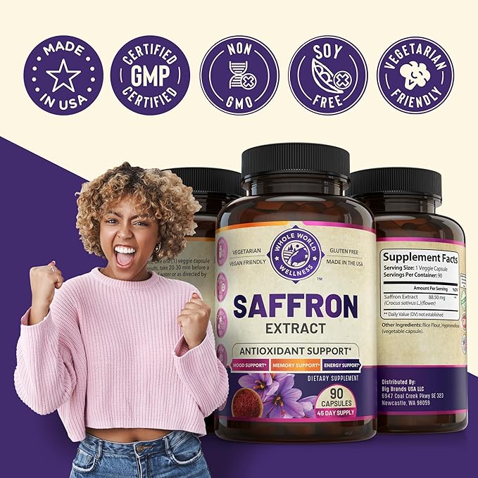 100% Pure Saffron Extract - Supports Weight and Appetite Health, Mood, Focus, Memory, Digestion, Eye, Skin and Brain Health. NSF Certified Saffron Supplements for Women and Men, 45-Day Supply.