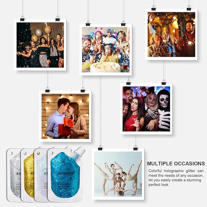 Holographic Face Glitter Gel Body Shimmer Makeup for for Hair, Face, Clavicle, Arm, Nail, Eyeshadow, Long Lasting Waterproof Mermaid Sequins Party Glitter for Rave Festival, 1.35oz (Laser Gold #6)