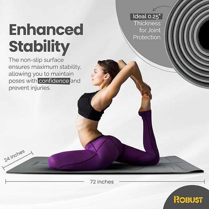 Robust Non-Slip Yoga Mat with Strap, 1/4" Thick TPE Eco-Friendly Workout Mat for Yoga with Position Lines and Texture Surface, Gym Mat for Women, Men, Pilates and Exercises Anti-Tear Sweat-Proof Exercise Mat