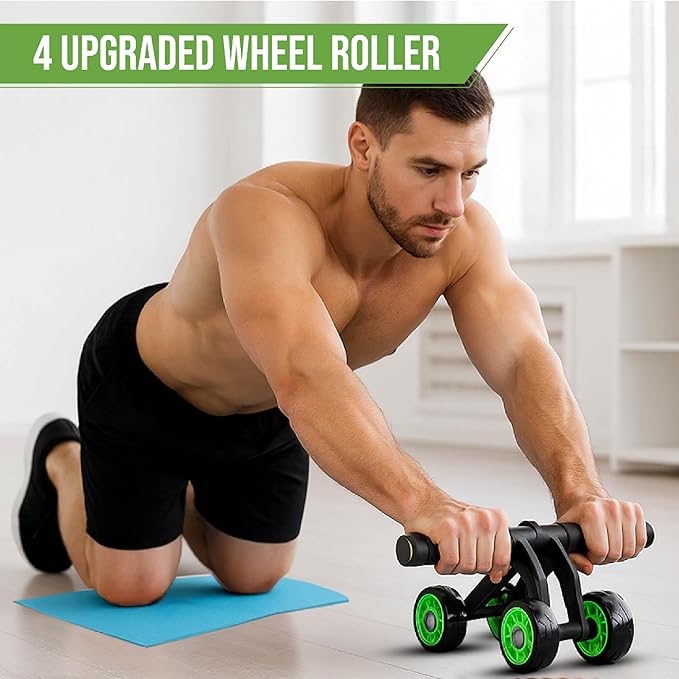 4-Wheel Ab Roller with Knee Pad β Abdominal Exercise Wheel for Core Strength Training, Stable Ab Workout Equipment for Men & Women, Non-Slip Handles, Smooth Bearings, Portable Home Gym Fitness Tool