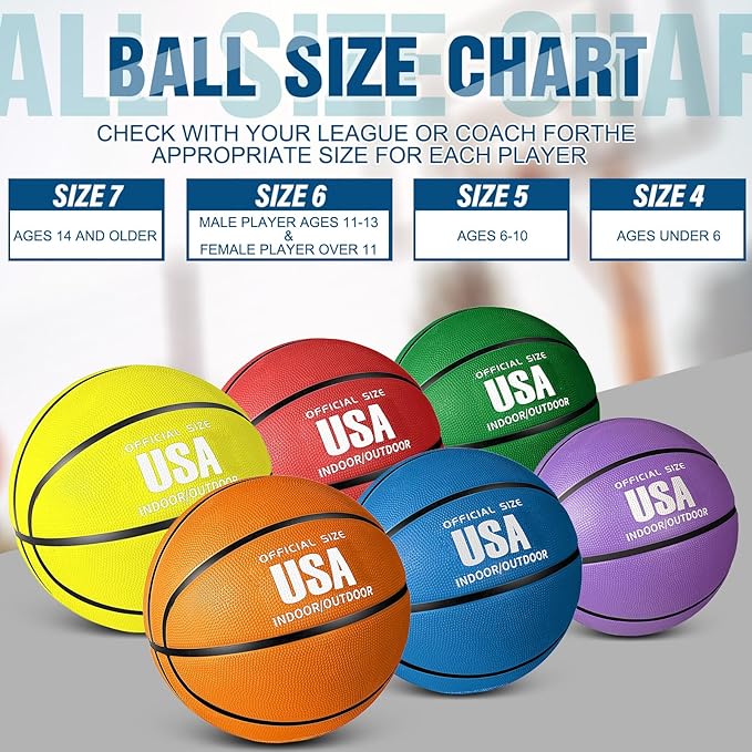 Libima 12 Pcs Rubber Basketballs Bulk with Pump Official Size Multicolor Basket Balls Streetballs Set for Kids Youth Adult Sports Gifts Indoor Outdoor Training Games Back to School