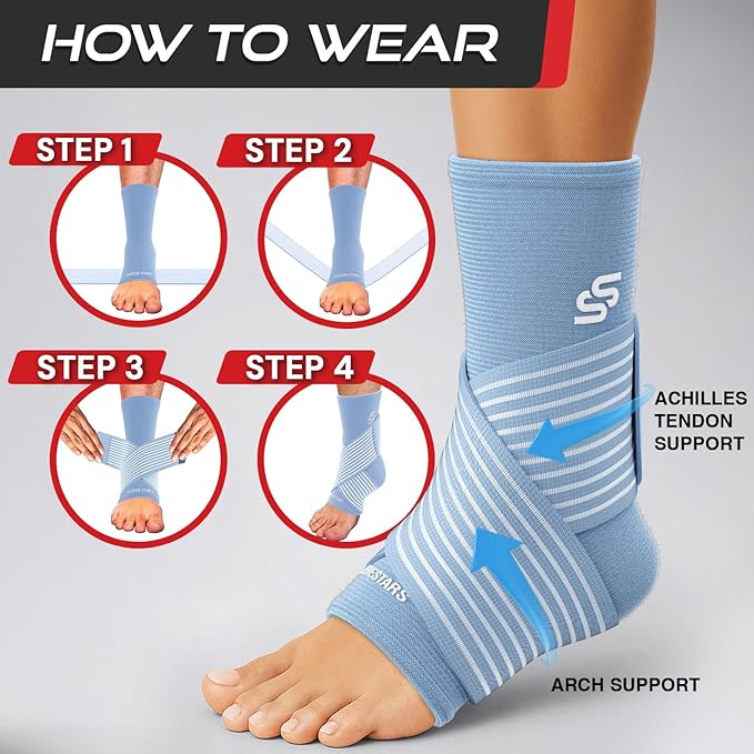Sleeve Stars Ankle Brace for Women & Men, Ankle Wrap for Sprained Ankle, Compression Sleeve for Plantar Fasciitis Relief, Easy Customizable Support: w/Removable Strap (Single/L:12"-13"/Light Blue)
