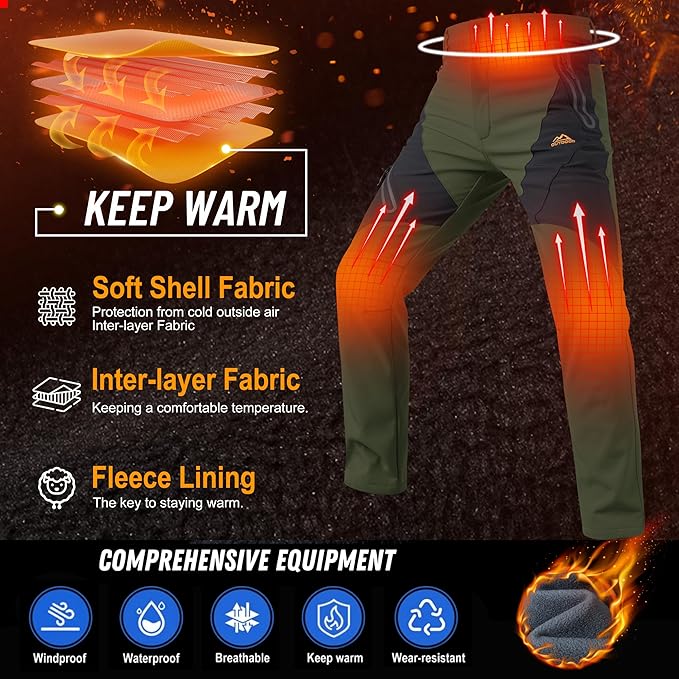TACVASEN Men's Skiing Snow Pants Fleece Lined Waterproof Winter Insulated Hiking Pant for Outdoor Work Hunting Cargo