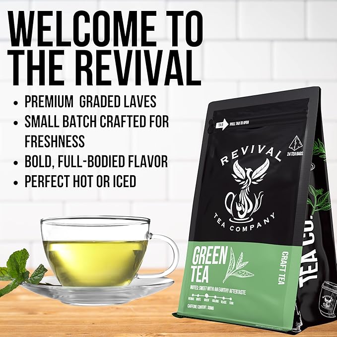 Revival Tea Company Green Tea - Signature Green Tea Made from 100% Chun Mee Tea - 24 Tea Bags